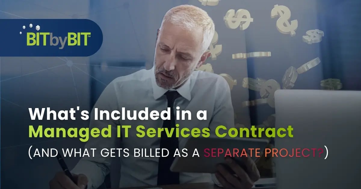 An older businessman sits at his desk with a tablet and pen to review managed it service contract costs, symbolized by floating dollar signs.
