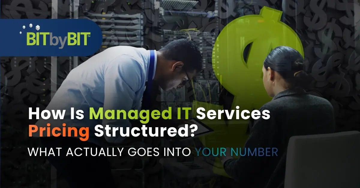 Two IT specialists review server infrastructure. What service levels go into managed IT services pricing?