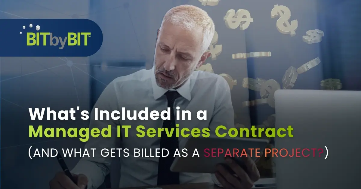 An older businessman sits at his desk with a tablet and pen to review managed it service contract costs, symbolized by floating dollar signs.