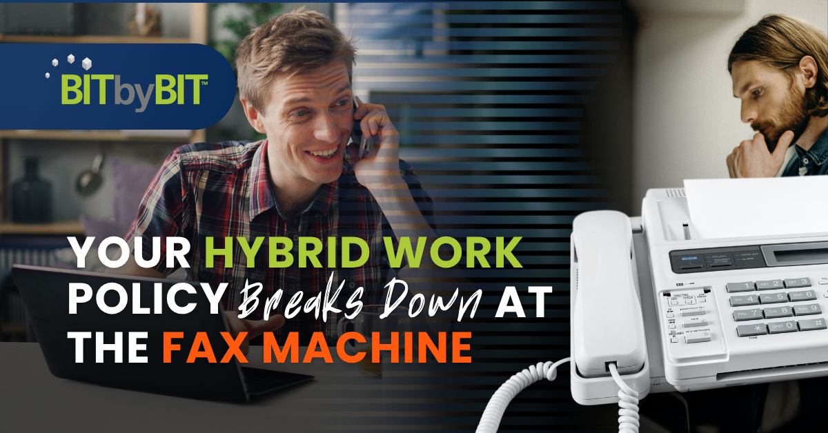 A man working remotely on a laptop and phone alongside an office worker at a fax machine, with text overlaid reading 