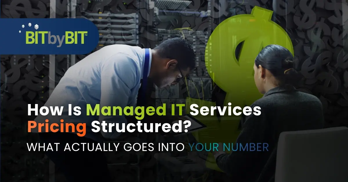 Two IT specialists review server infrastructure. What service levels go into managed IT services pricing?